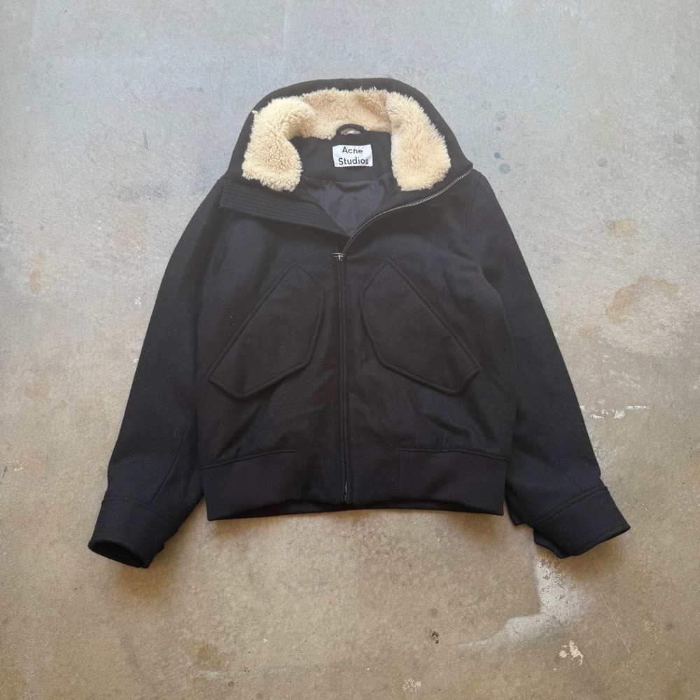 Acne Studios Mutt PAW17 Wool Bomber Jacket Black Shearling Collar Mens 48 M